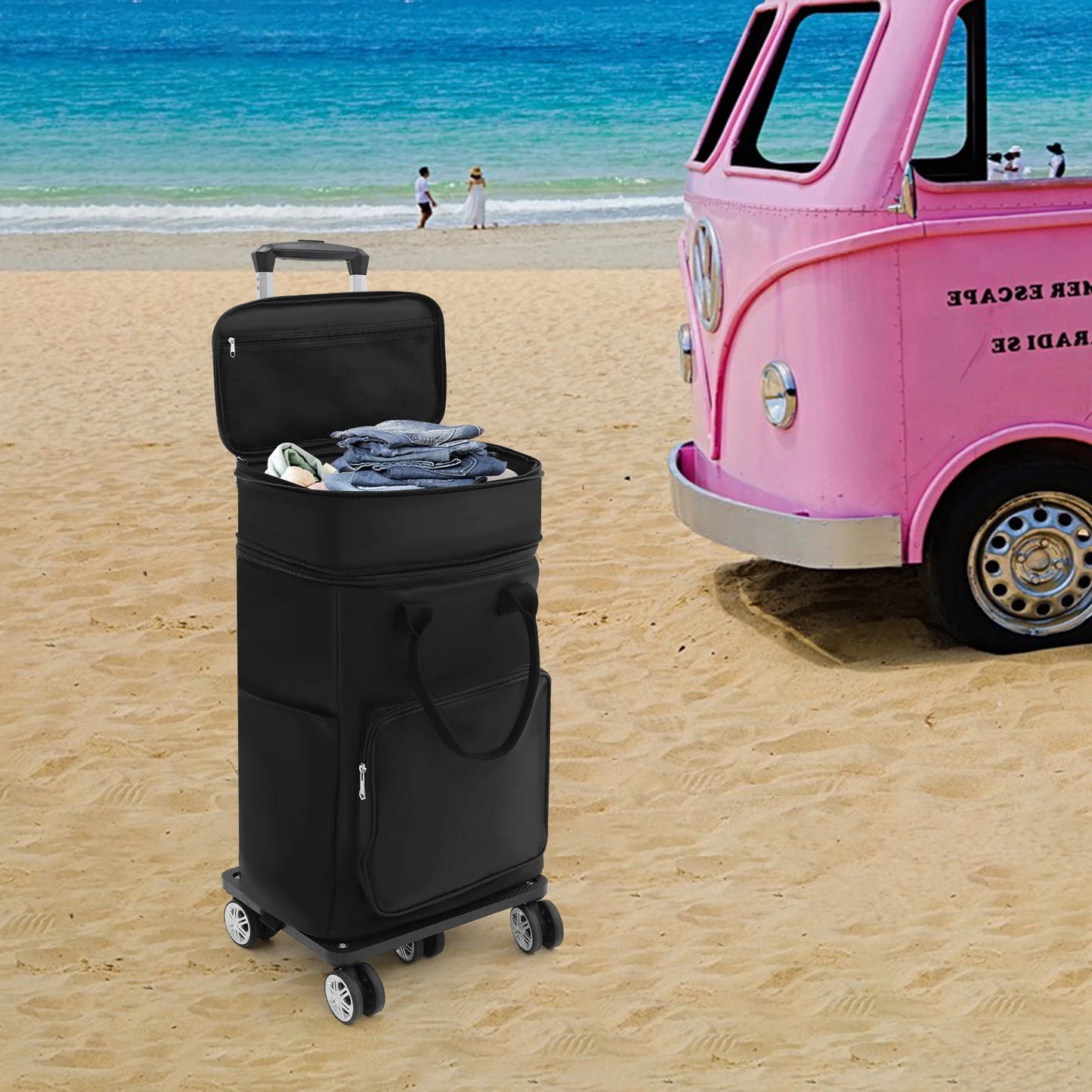 Black 2-in-1 Expandable Rolling Shopping Bag with 5 Wheels, Foldable Trolley Luggage Cart for Travel, Grocery, Business Use