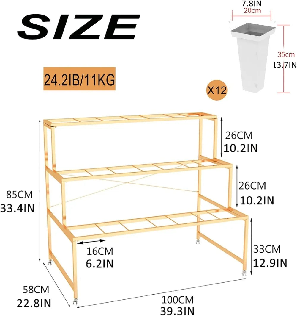 Flower Display Stand With 12PCS Buckets, 3 Layers Metal Plant Stand with Wheels, Living Room, Florist (White - Square Bucket)
