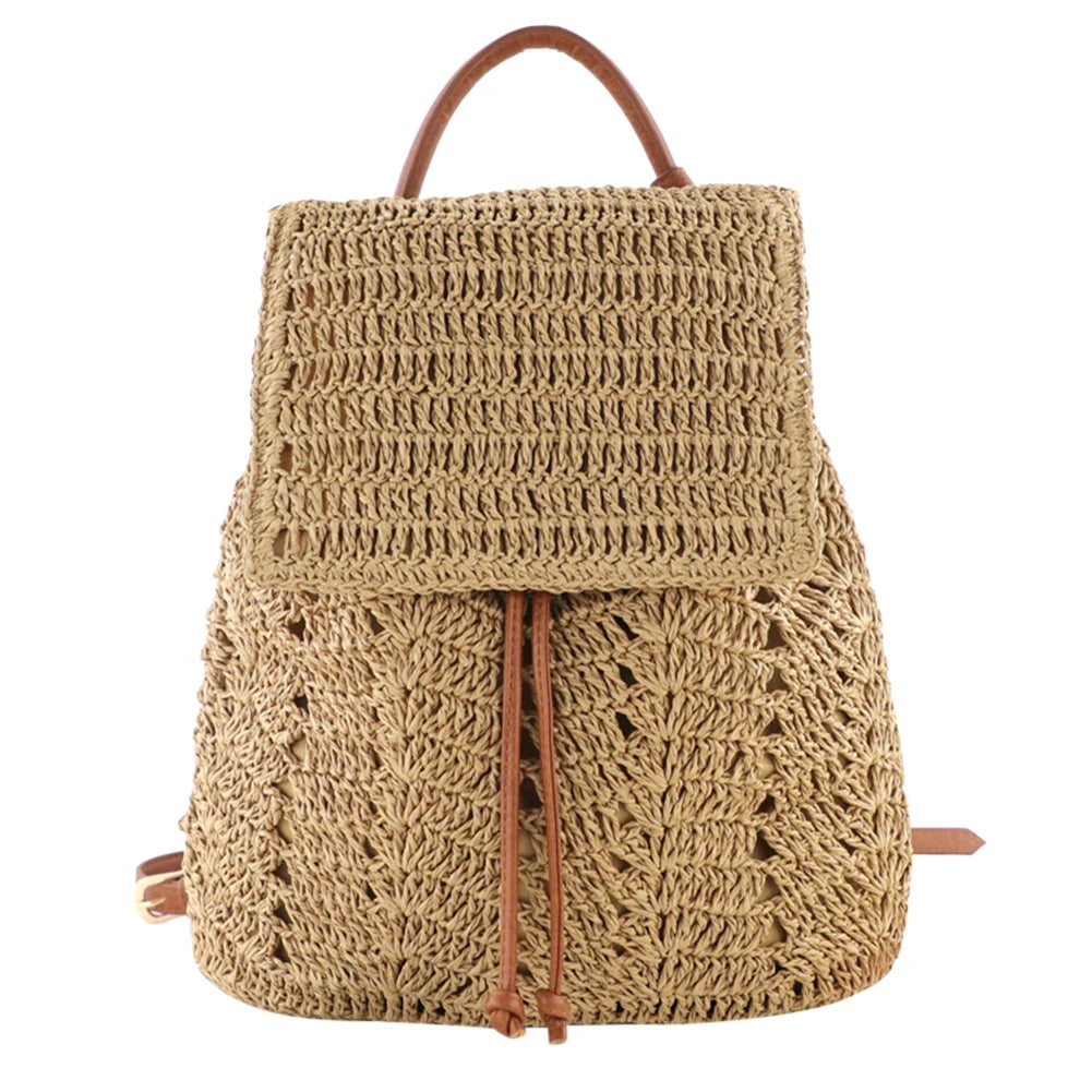 Women Straw Backpack Shoulders Bag Handmade Woven Casual Beach Top Handle Bag