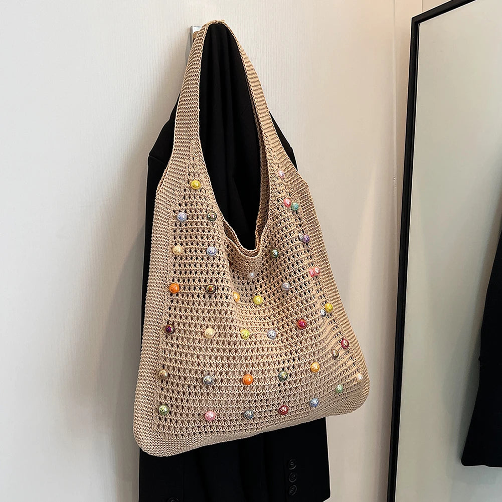 Women Crochet Shoulder Bag Knitted Tote Bag Large Capacity Fashion Tote Handbags with Colorful Pearls Outdoor Travel Bag