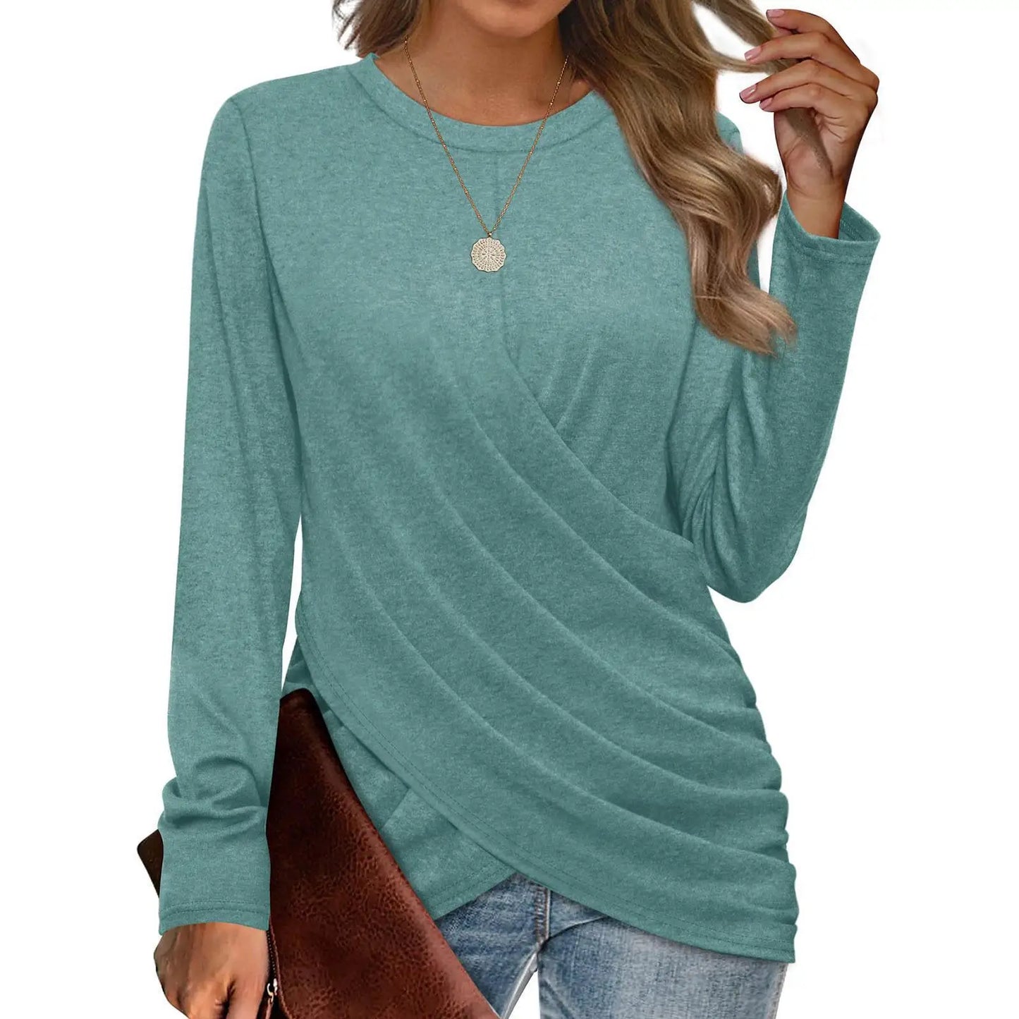 Women's Clothing 2024 Autumn Winter New Solid Color T-shirt Casual Round Neck Cross Pleated Loose Long Sleeved Top