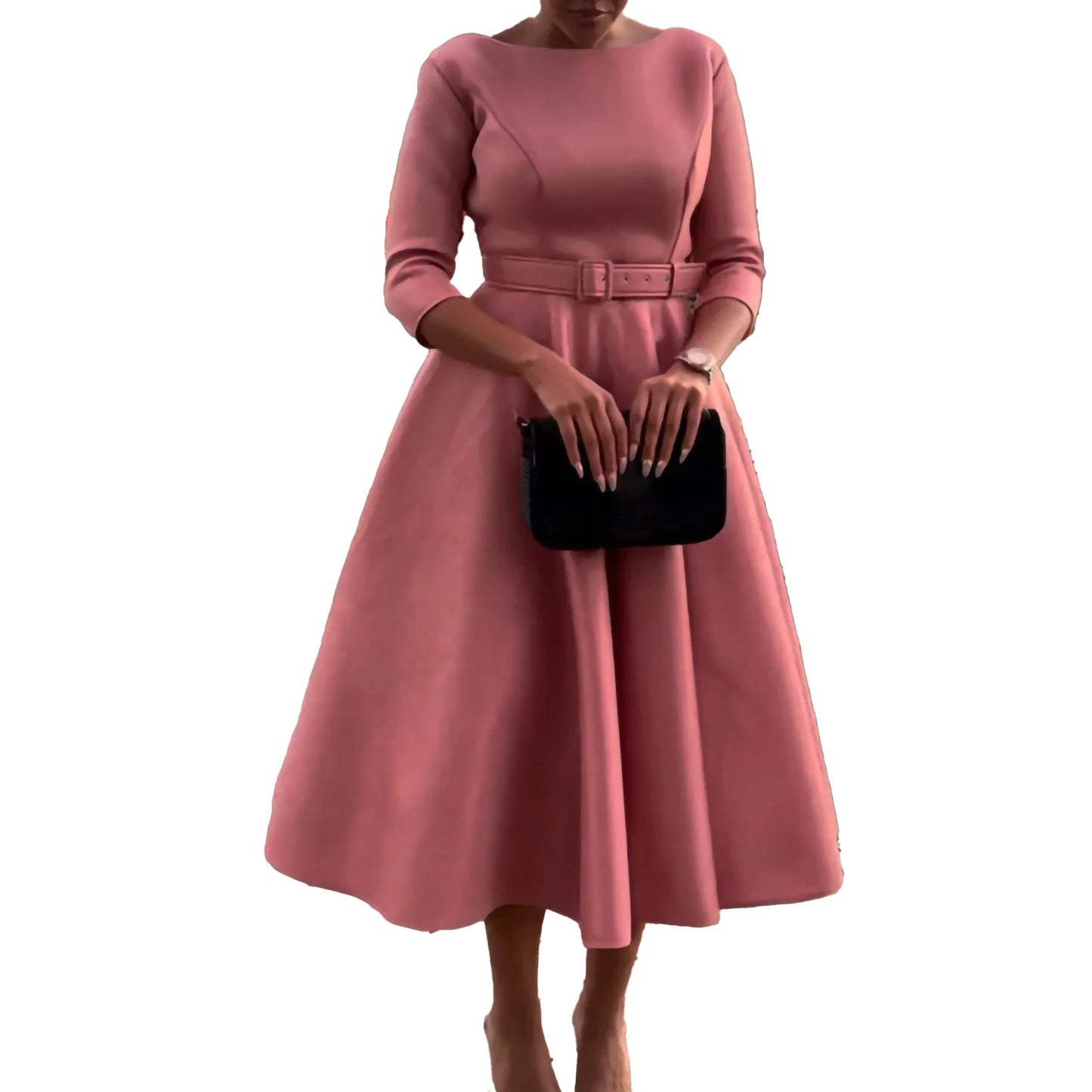 Elegant Women Party Dresses A Line with Waist Belt Three Quarter Sleeves Classy Office Ladies Wedding Guest Gowns Female Dress