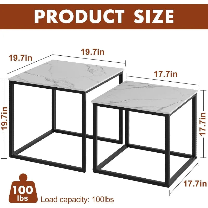 Coffee Table Set of 2, Modern Black Wooden Side Table, Metal Frame Square End Table, Center Tables,Nesting Coffee Table for