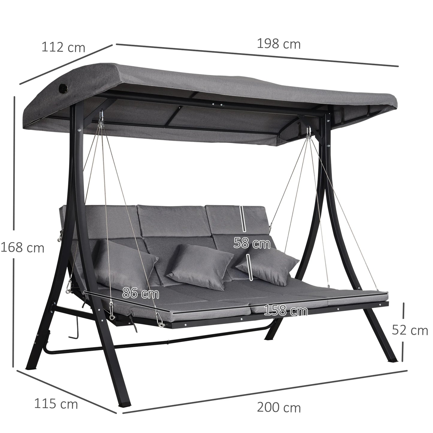 Outsunny 3 Seater Garden Swing Seat Outdoor Swing Chairs Chaise Lounge Padded Seat Hammock Canopy Porch Patio Bench