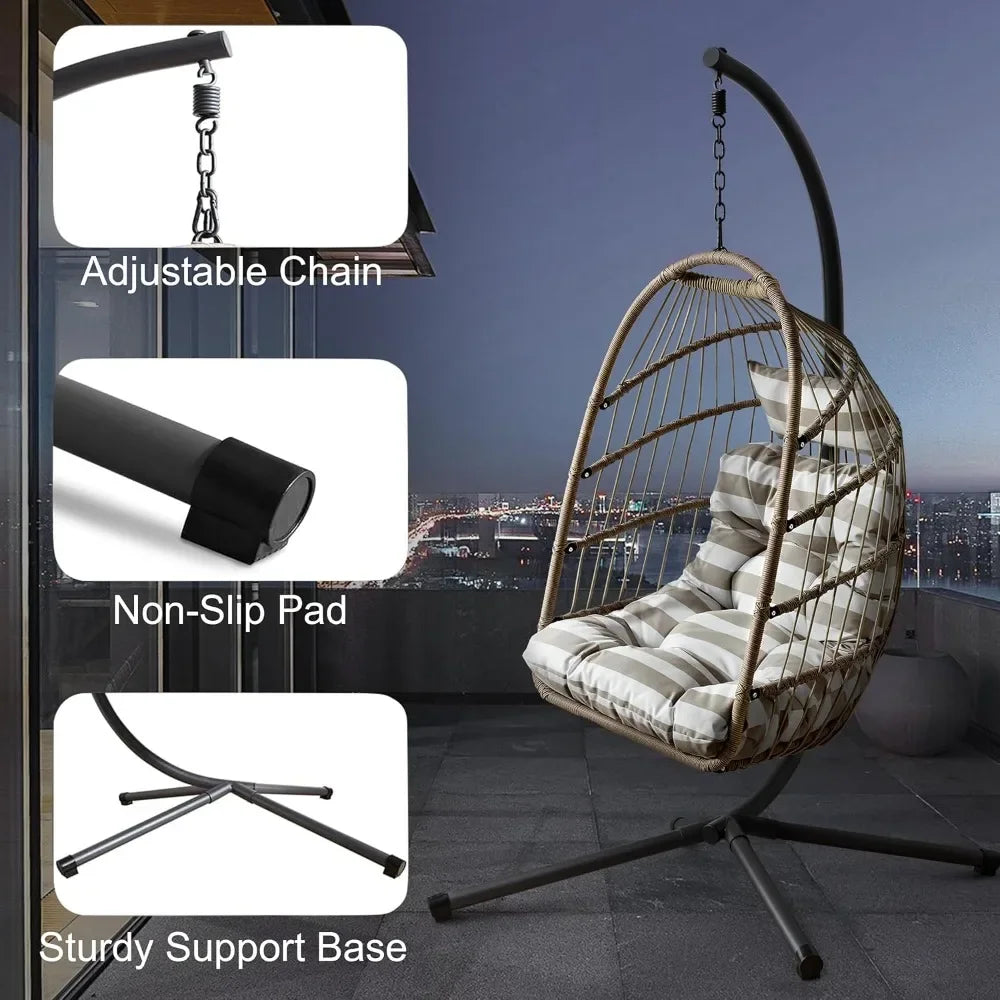 Egg Chair, Rattan Hanging with Cushion, Foldable Garden Patio Hammock Chair with Stand & Adjustable Height, Egg Chair