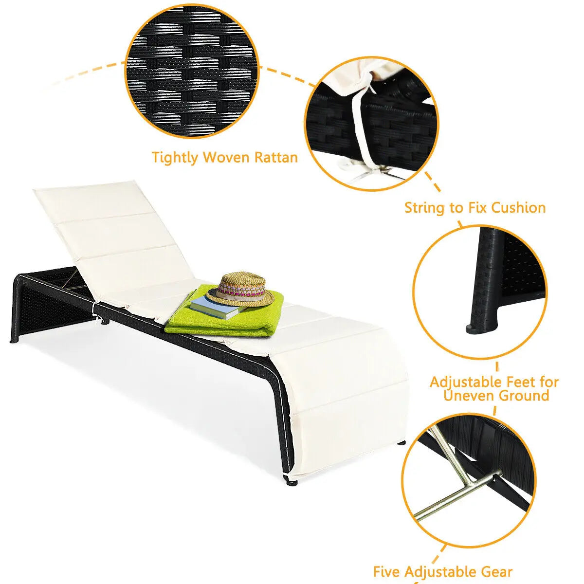 GOFLAME Outdoor Rattan Reclining Chair Patio Chaise Lounge Wicker Sofa Sun Bed W/Cushion