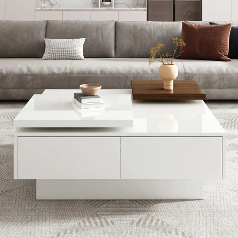 Movable Top Coffee Table, Modern Square Wood Coffee Table with High Gloss finish, 4 Hidden Storage Drawers for Living Room