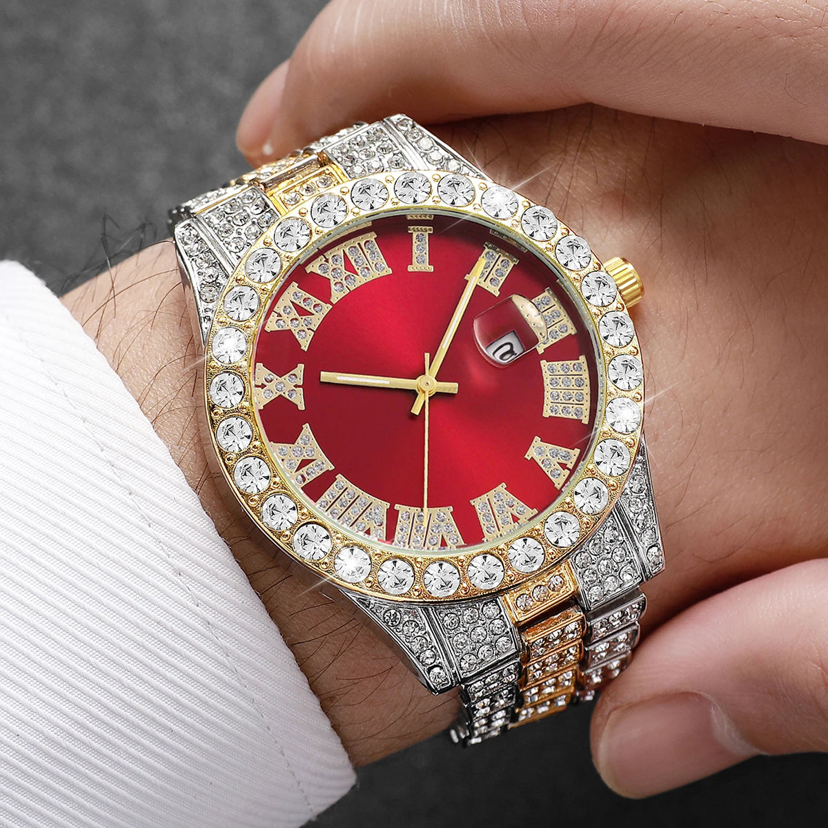 Fashion Full Diamond Men's Watch Stainless Steel Band Male Quartz Wristwatches Date Calendar Watches