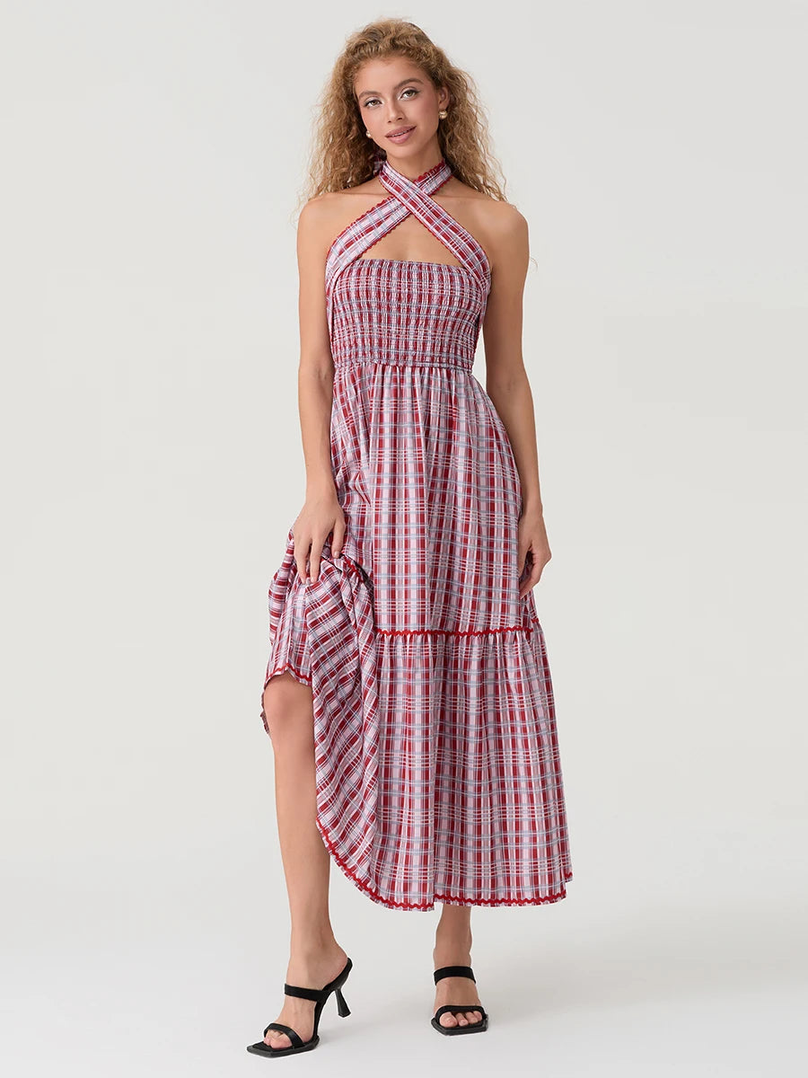 Women s Sleeveless Halter Neck Maxi Dress with Open Back and Tropical Floral Print - Summer Beach Party Dress