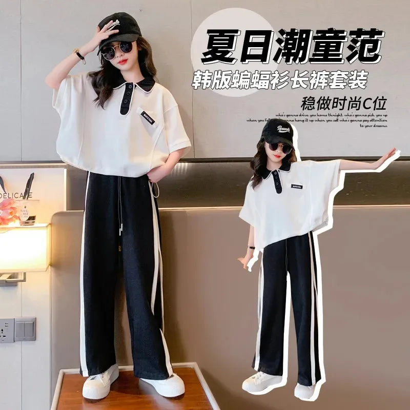 2025 spring summer Girls clothes children set Kids loose t-shirt top and bottom striped wide leg pant 4 8 10 14 15 years teens