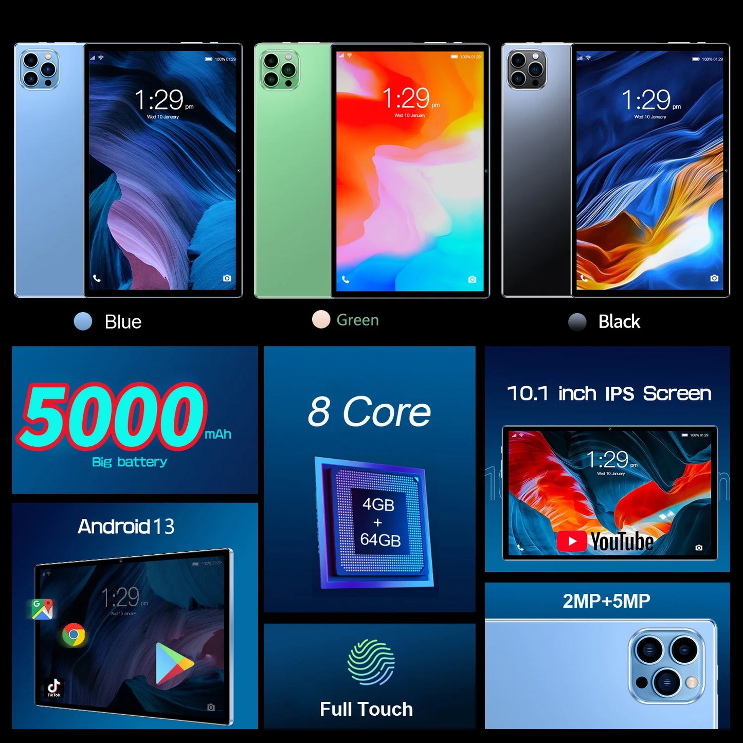 New Google Pad 10.1 Inch Android 13 Tablets Octa Core 4GB RAM 64GB ROM Dual Network WiFi Dual Cameras Tablet PC 5000mAh