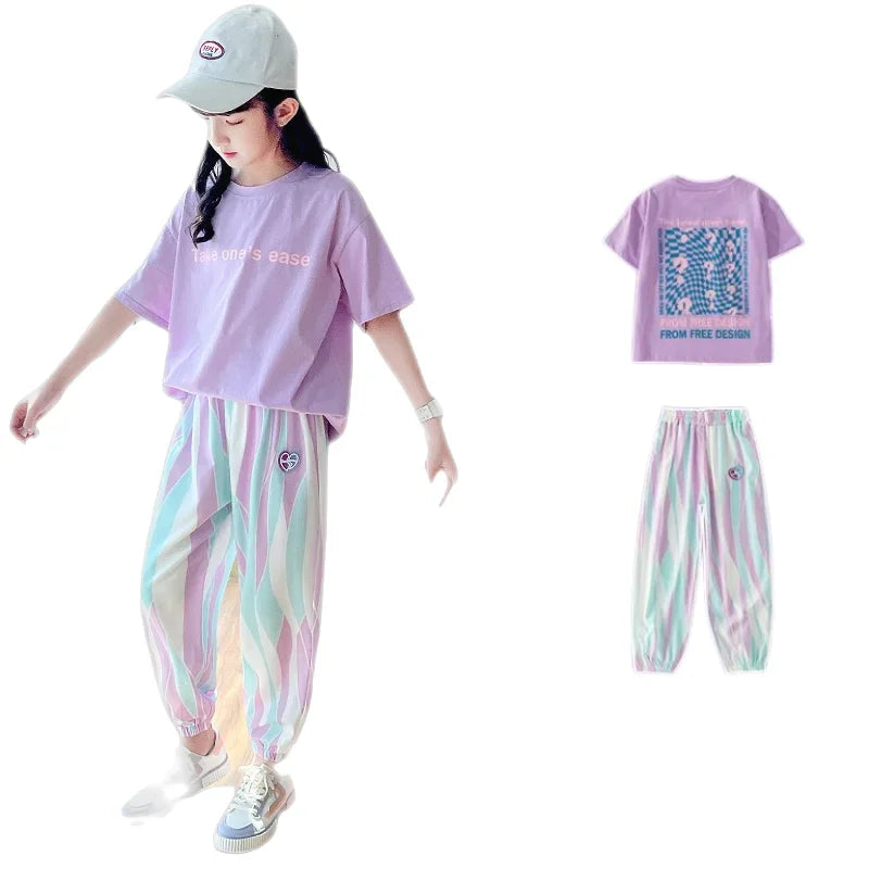 2025 Girls' Sportswear Set Summer Casual Short Sleeve Outfit | Trendy Two-Piece Clothing for Teen Girls 12-15 Years Fashionable