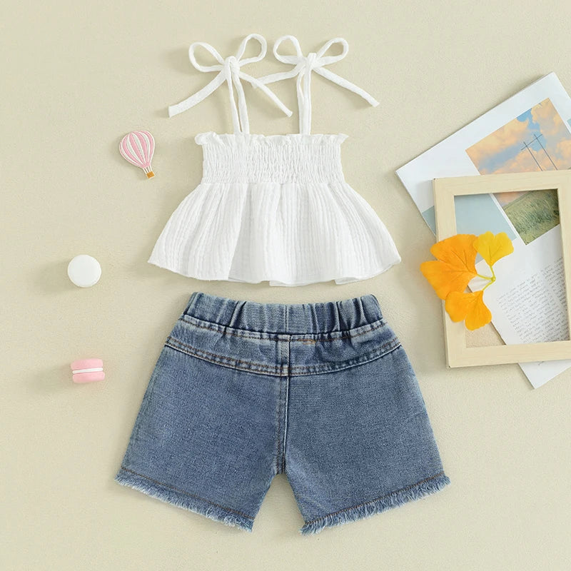 Pudcoco Kids Baby Girls Shorts Set, Tie-up Pleated Camisole with Ripped Denim Shorts Summer 2-piece Outfit 1-5T