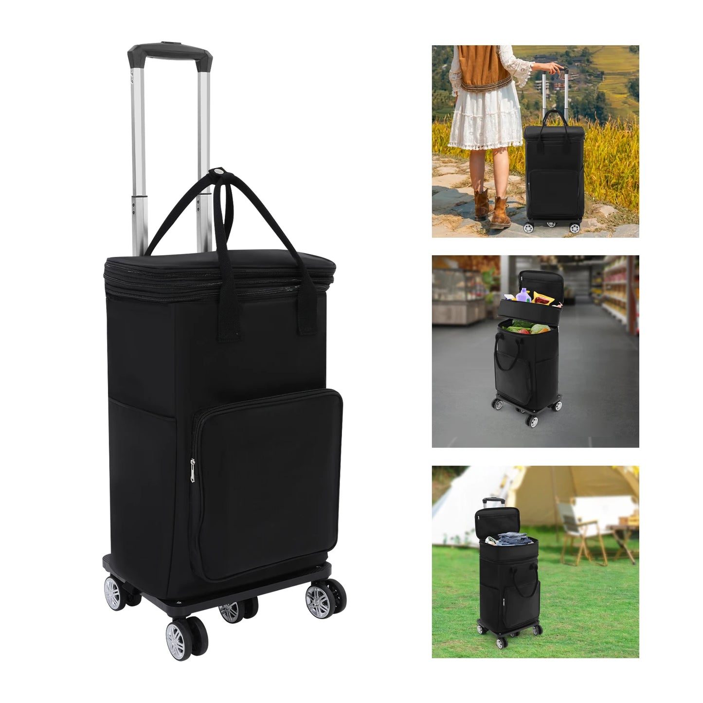 Black 2-in-1 Expandable Rolling Shopping Bag with 5 Wheels, Foldable Trolley Luggage Cart for Travel, Grocery, Business Use