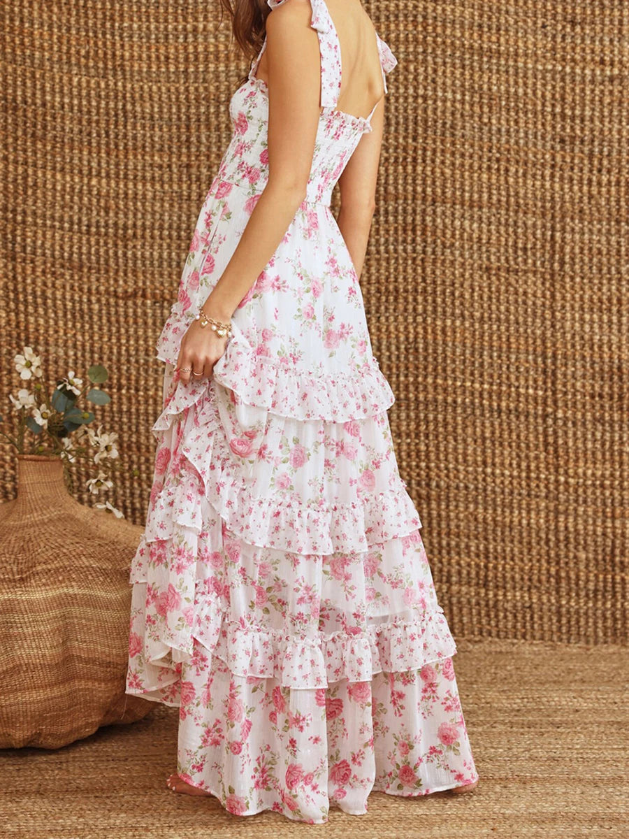Elegant Sleeveless Floral Print Maxi Dress with Tiered Ruffle Detail and Adjustable Tie-Shoulder Straps for Women