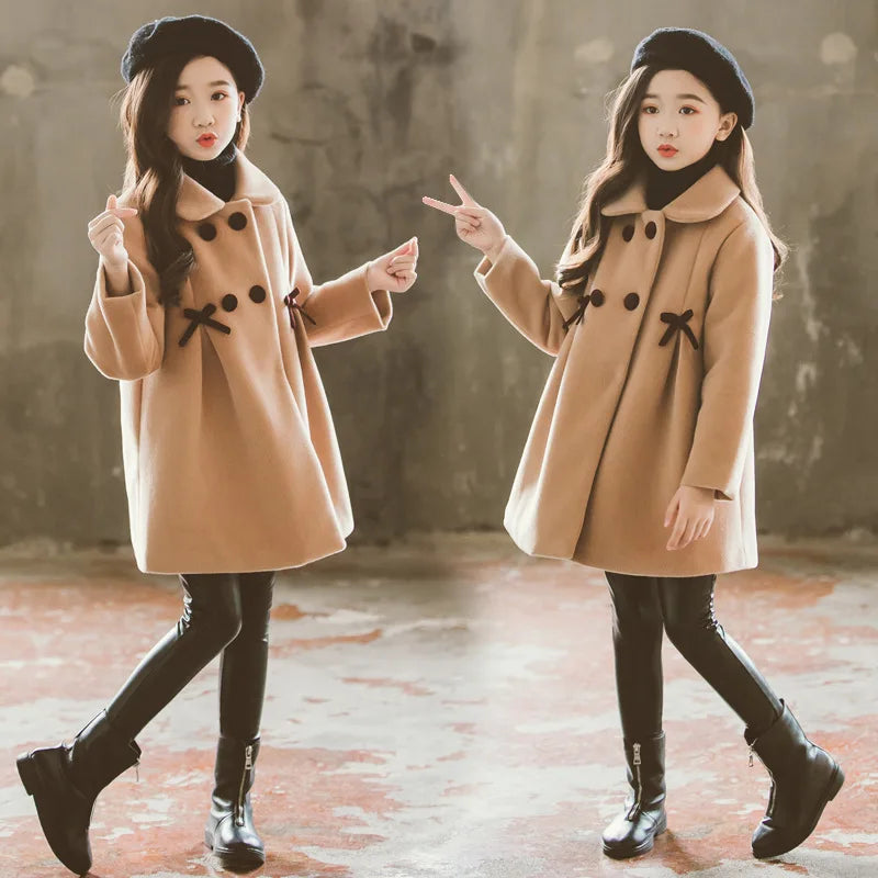 3-12 Years Old Baby Girl Winter Clothes Wool Warm Solid Color Coat New Korean Fashion Long Children's Jacket Girl Coat Clothing