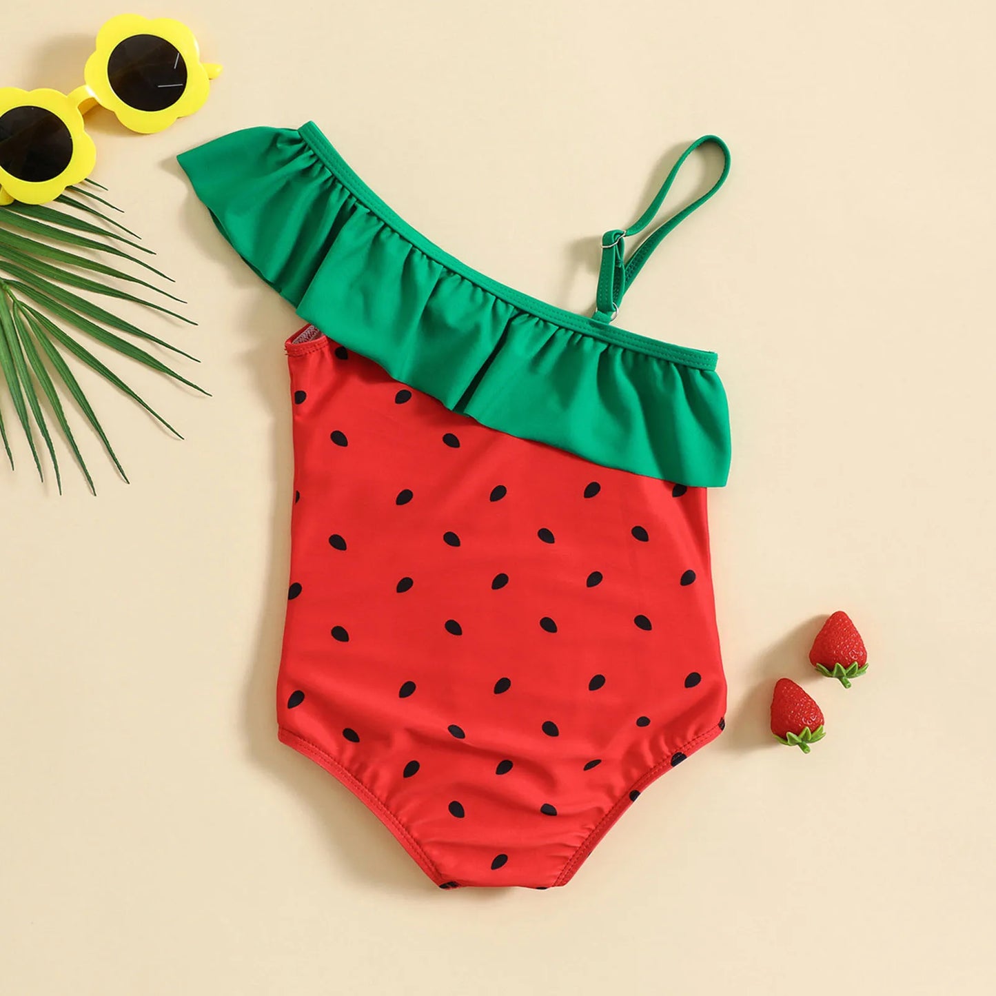 Kid Sleeveless Ruffle Strapless Cartoon Strawberry Print One Piece Swimsuit Bikini Swimwear 1 Piece Cartoon Sleeveless Swim Suit
