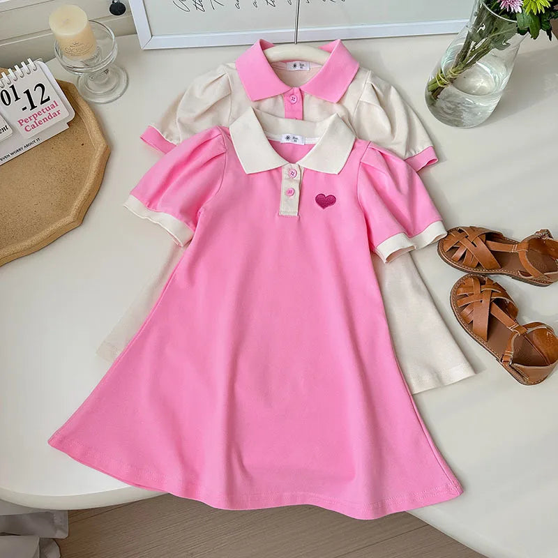 2025 Summer Stylish Girls' Polo Shirt Dresses 1-7Y Trendy Embroidered Heart Lapel Dress for Kid's Children's Clothing Outfit