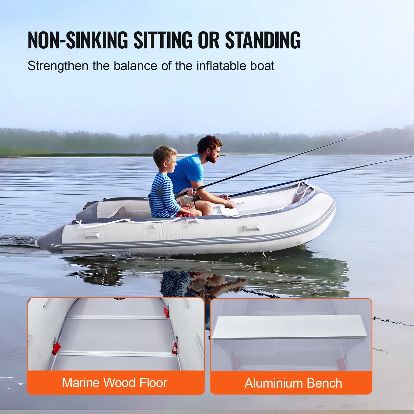 SucceBuy Inflatable Dinghy Boat 6-Person Transom Sport Tender Boat Marine Wood Floor and Adjustable Aluminum Bench Oars Air Pump
