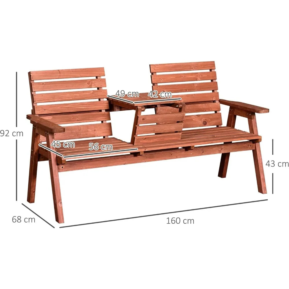 2 Seater Wooden Garden Bench with Convertible Middle Table, Outdoor Three-Seater Bench for Patio, Park, Porch and Yard