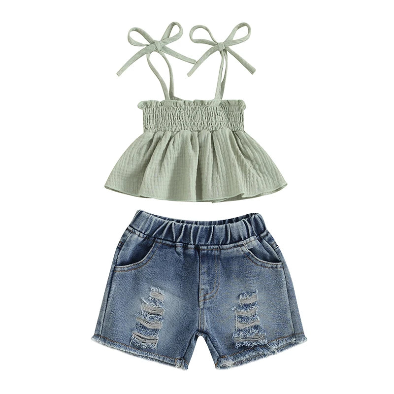 Pudcoco Kids Baby Girls Shorts Set, Tie-up Pleated Camisole with Ripped Denim Shorts Summer 2-piece Outfit 1-5T