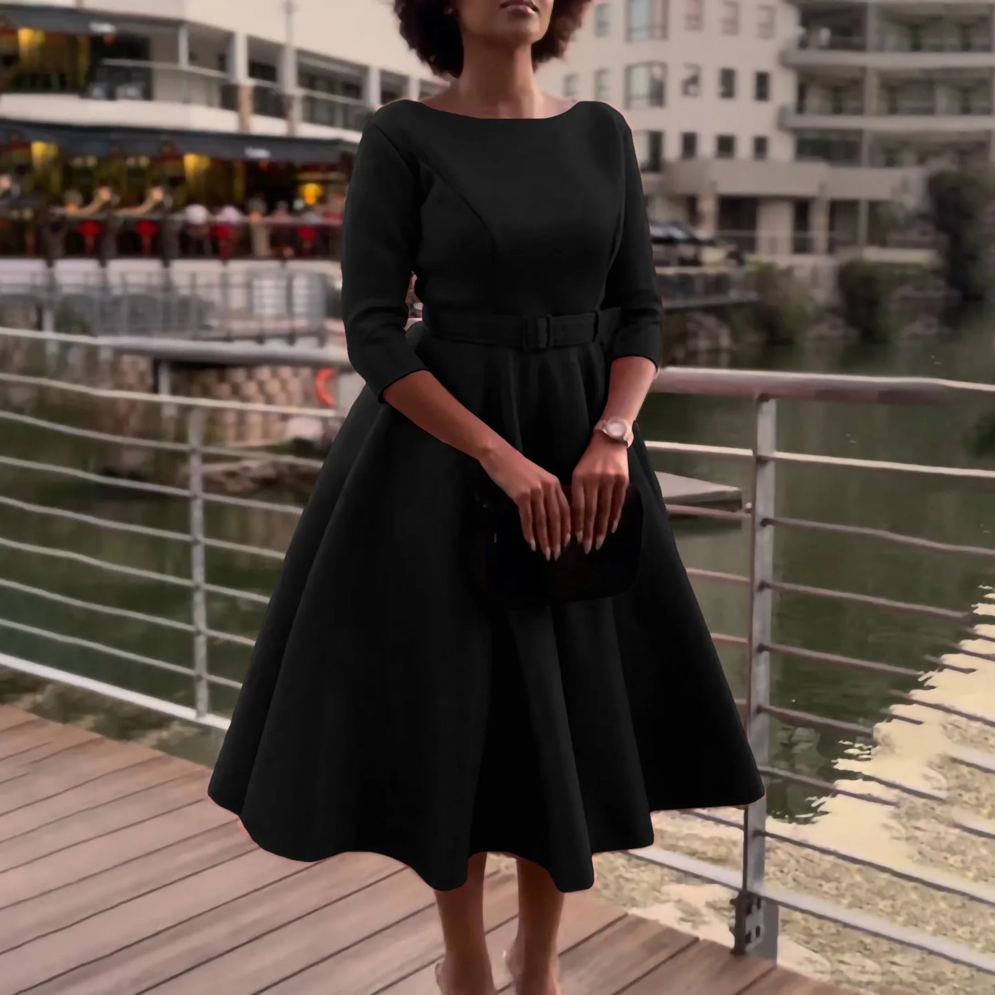 Elegant Women Party Dresses A Line with Waist Belt Three Quarter Sleeves Classy Office Ladies Wedding Guest Gowns Female Dress