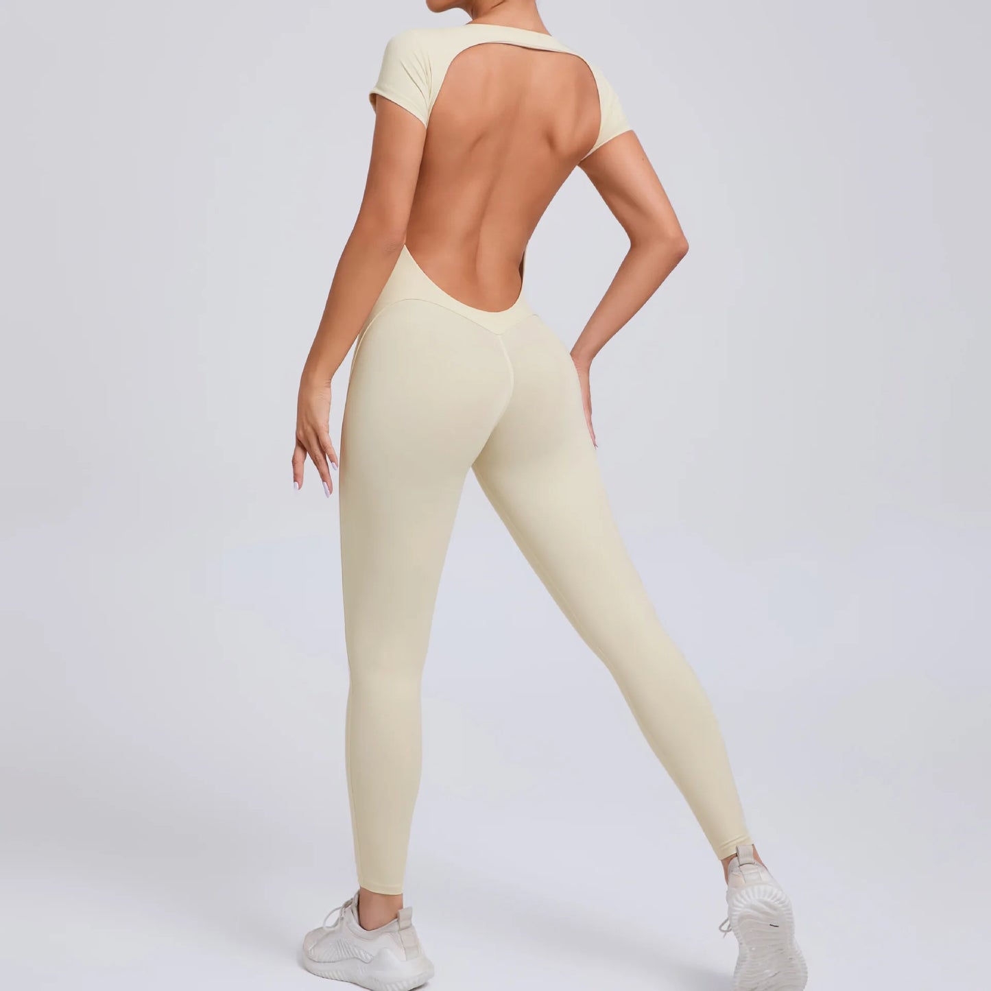 Women's One-piece Yoga Jumpsuit Short Sleeve Open Back Slim Fit Sports Outfit Tights Quick-drying Hip Lift Gym Fitness Clothes