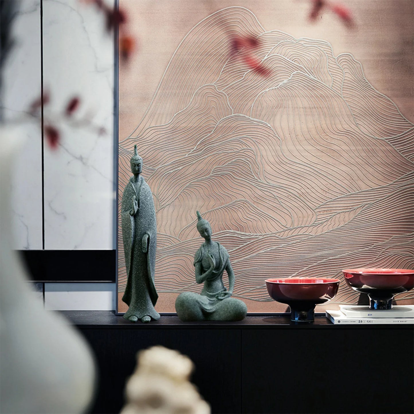 Meditating Buddha Statue Sculpture Natural Stone Room Ornament Suitable for Office Wine Cooler Decor