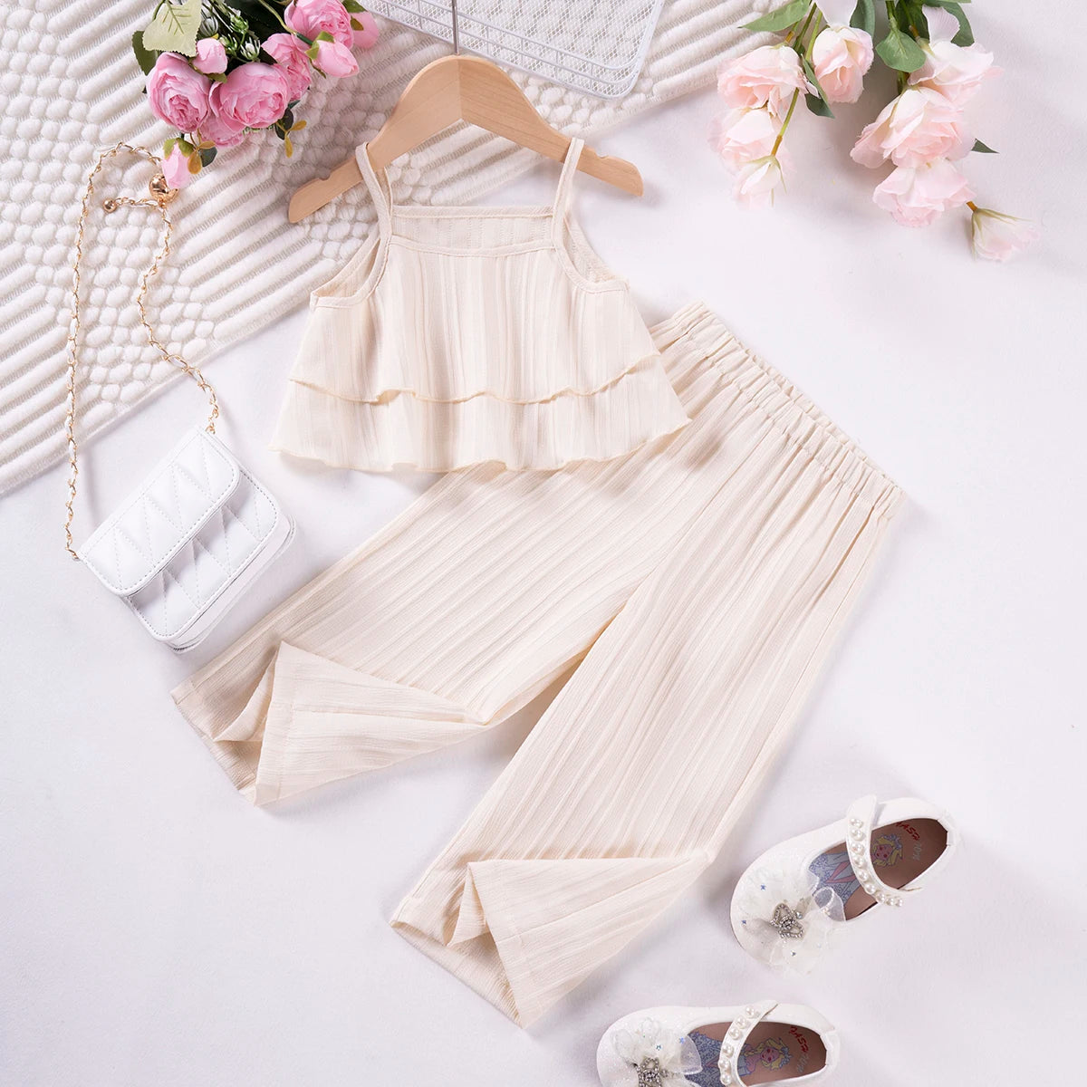 2pcs Toddler Girl Summer New Solid Colour Suit Casual Sleeveless Ruffle Top + Wide Leg Trousers Suit Children's Trend Clothing