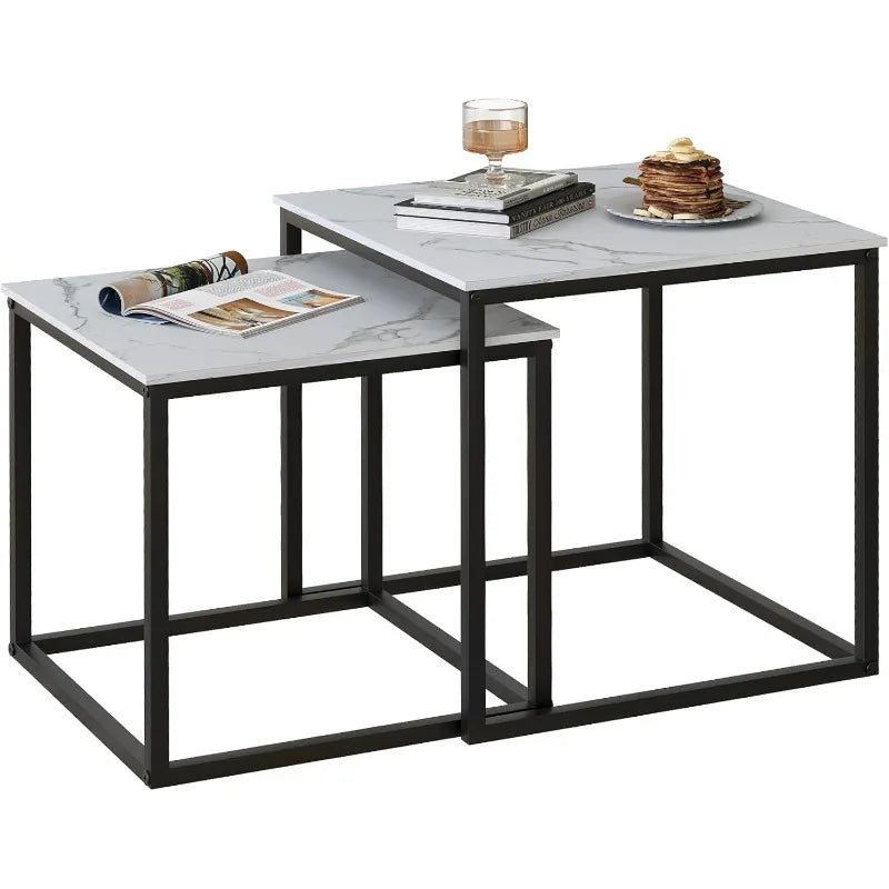 Coffee Table Set of 2, Modern Black Wooden Side Table, Metal Frame Square End Table, Center Tables,Nesting Coffee Table for