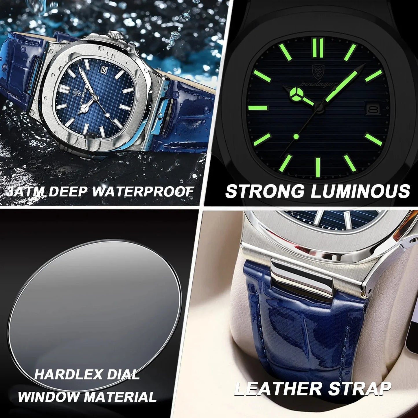 POEDAGAR Casual Square Men's Watch Waterproof Date Luminous Leather Man Quartz Watch High Quality Luxury Fashion Watches For Men