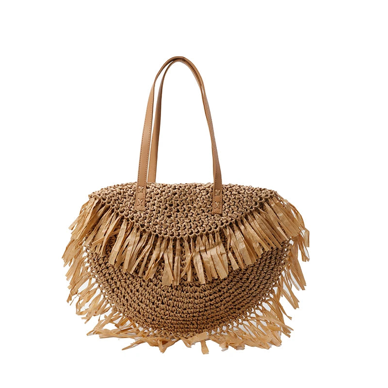 Women Stylish Knit Shoulder Bag Wear Resist Hand Woven Beach Bag Semicircle Underarm Bag Female Travel Commute Shoulder Bag