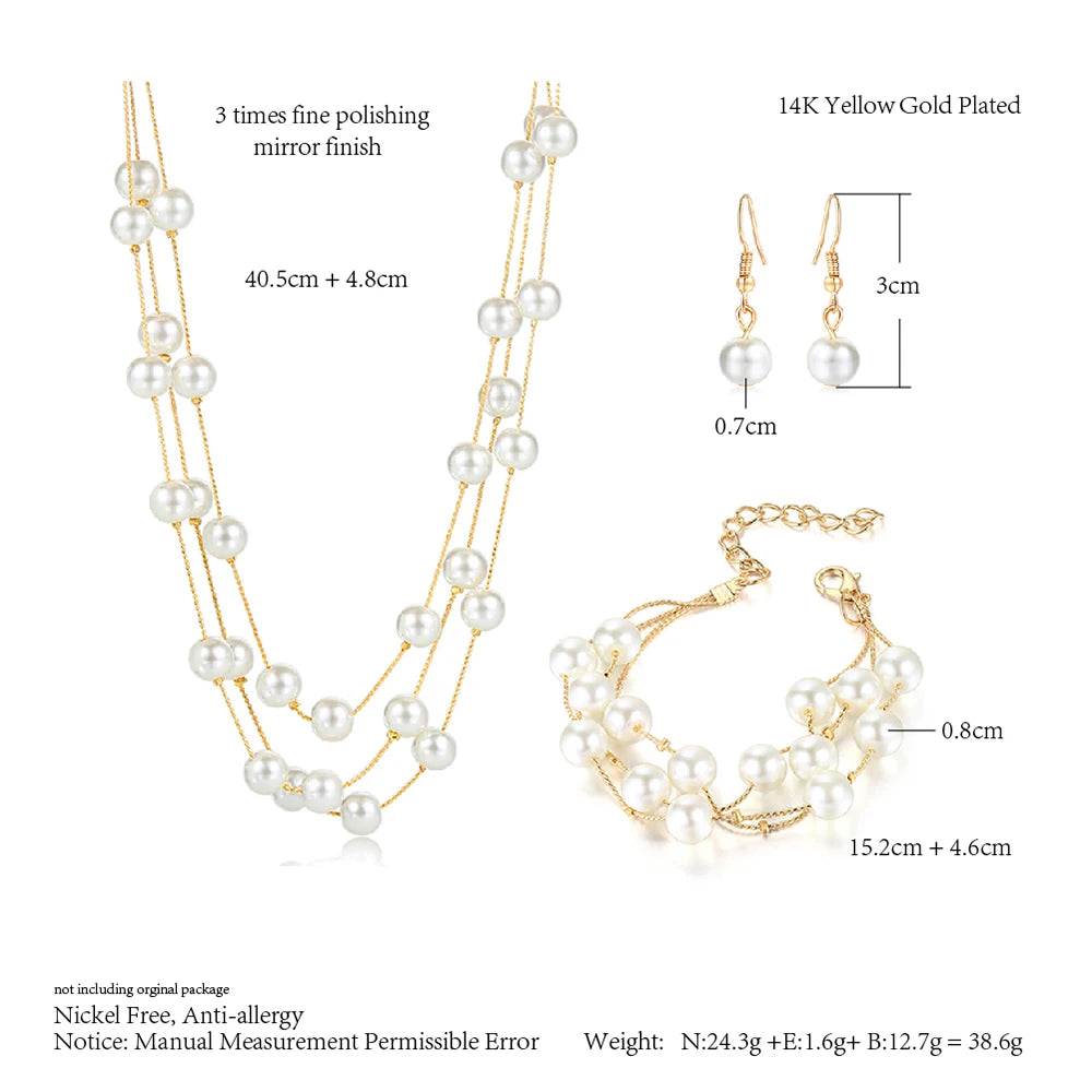 Wedding Bridal Jewelry Set For Women Gold Color Silver Plated Imitation Pearl Fashion Jewelry Necklace+Bracelet+Earring S441-M