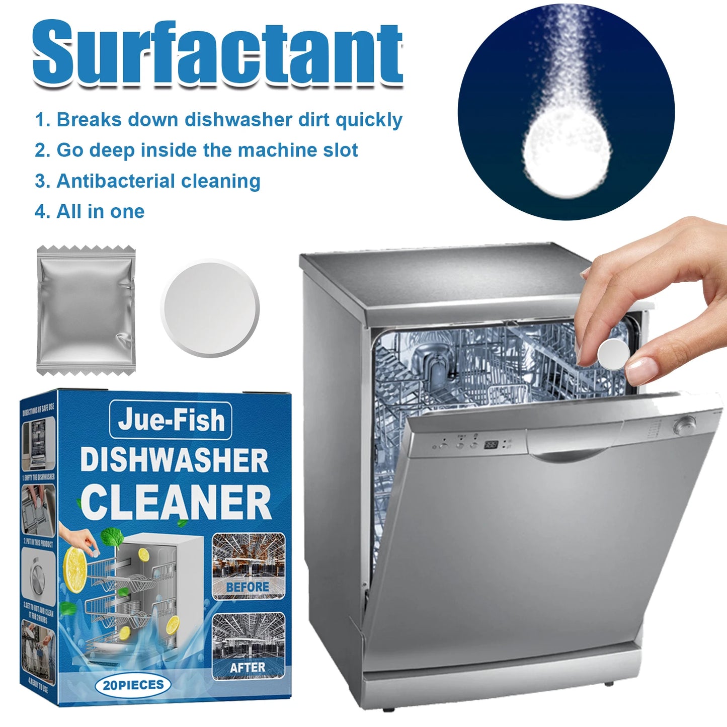 Dishwasher cleaning tablets; Built-in drawer dishwasher specific degreasing cleaning tablets