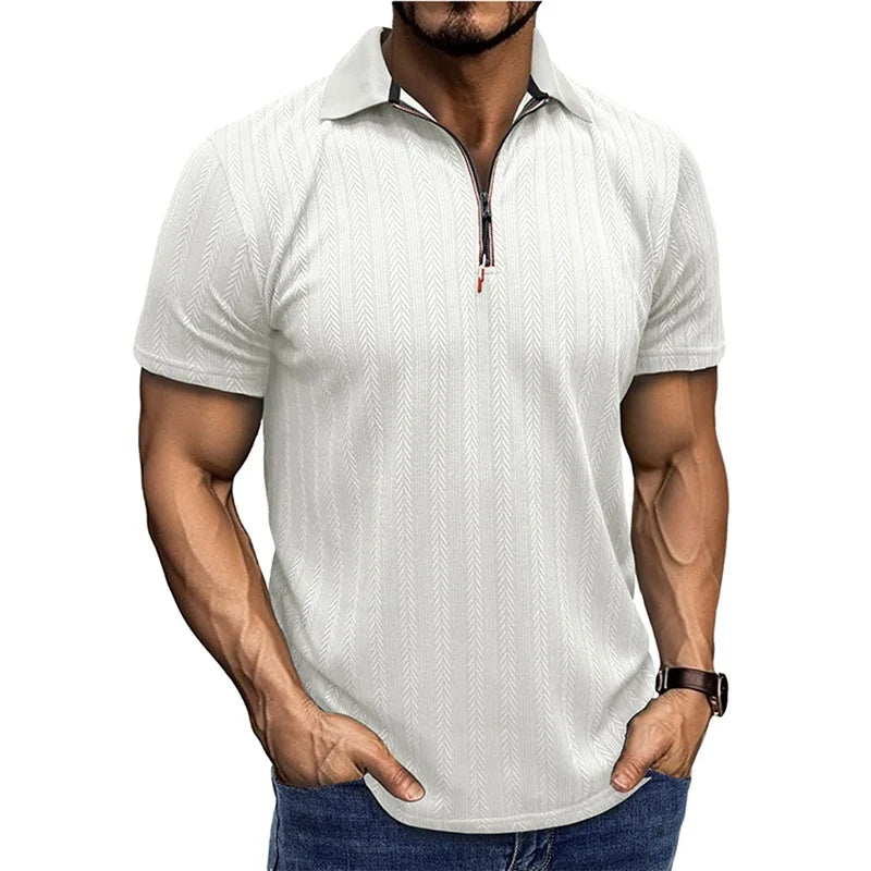 Men s Short Sleeve Jacquard Turn Down Collar Zipper Casual Tops - Stylish Fit Shirts for Summer Fashion