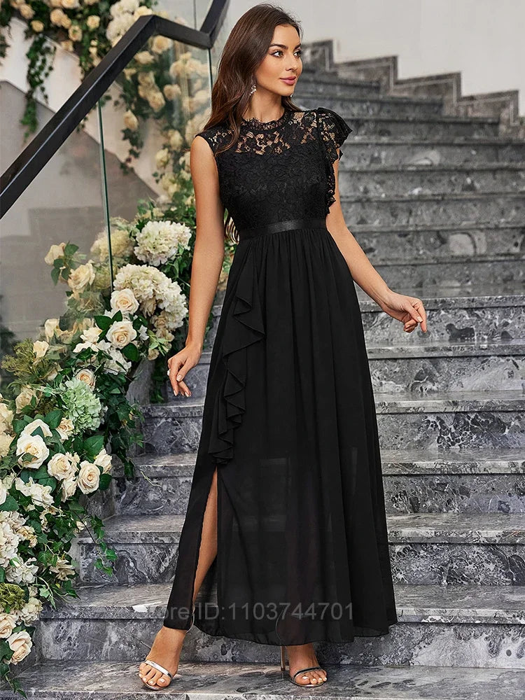Women Evening Dresses 2024 Elegant Long Maxi Dress High Waist Round Neck Party Wedding Fashion Dress Spliced Lace Chiffon Dress
