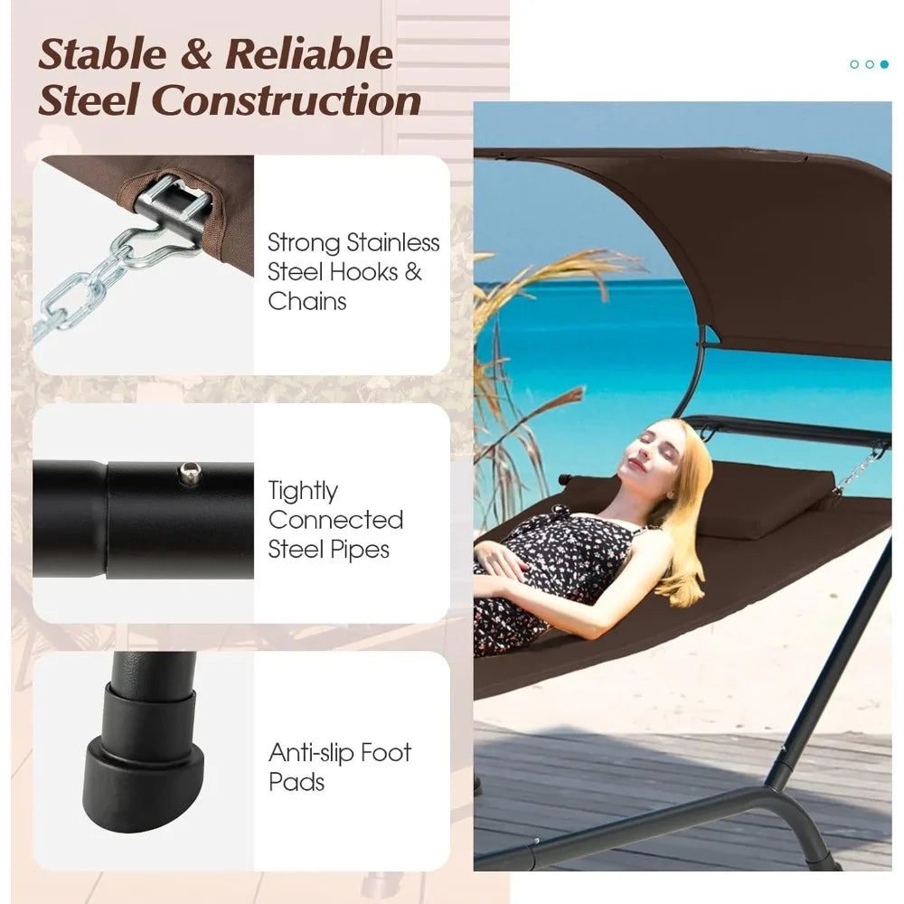 Outdoor Hammock, with Stand and Canopy, Patio Swing Hammock Bed with Cushion, Pillow & Storage Pocket, Hanging Chaise Lounge