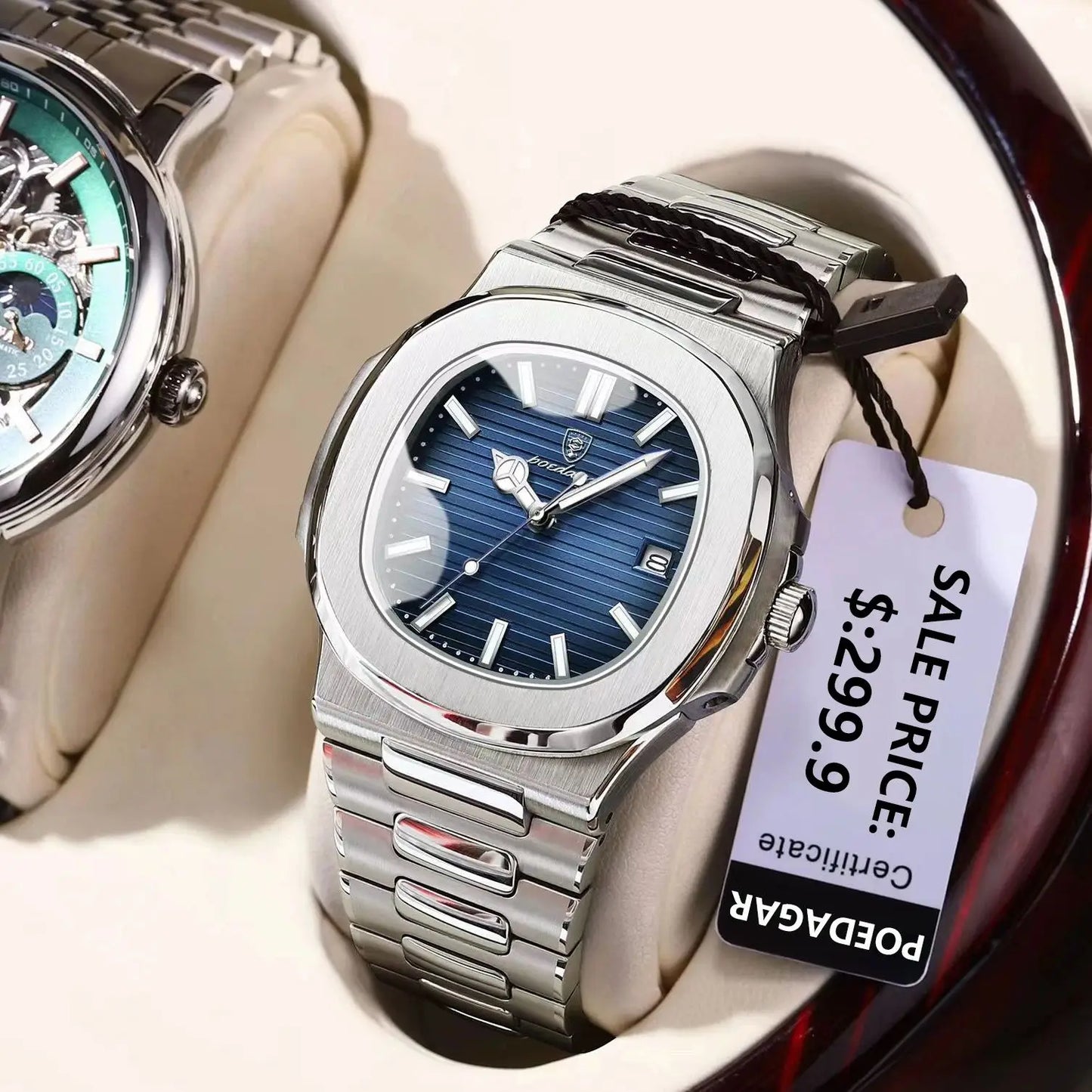 POEDAGAR Luxury Classic Man Watches Luminous Date Stainless Steel Square Quartz Male Clock Waterproof Watch for Men Reloj +Box