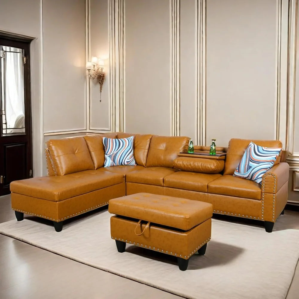 L Shaped Sectional Sofa with Ottoman,Nail-Head Design Leather Right Facing Couches with Cup Holder for Living Room,Office,Ginger