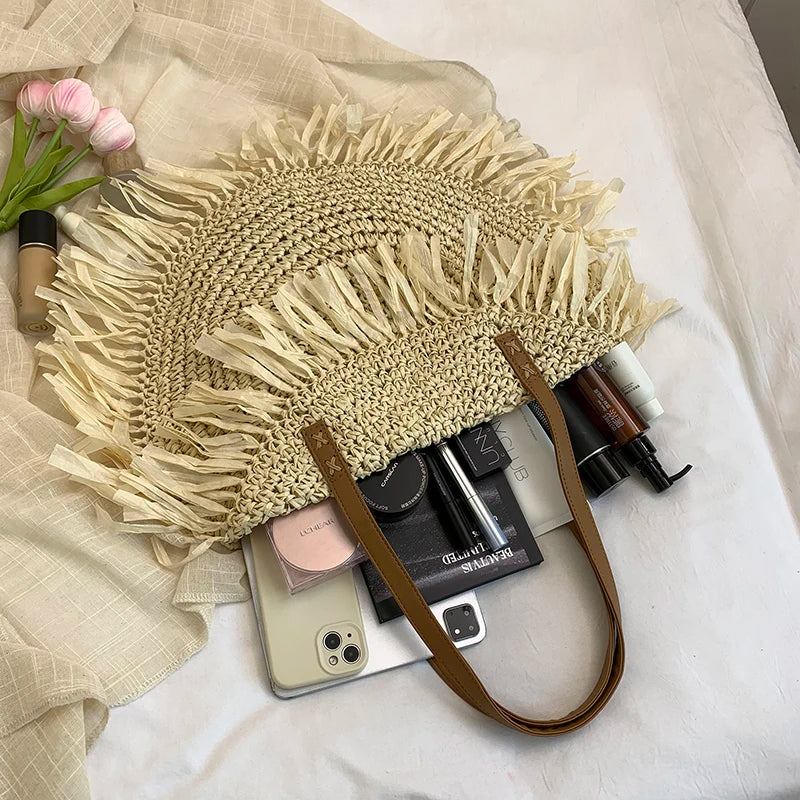 Women Stylish Knit Shoulder Bag Wear Resist Hand Woven Beach Bag Semicircle Underarm Bag Female Travel Commute Shoulder Bag