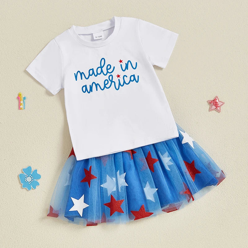 Independence Day Toddler Girl Outfits American Flag Print Round Neck Short Sleeve Tops Star Print Skirts 2Pcs Clothes Set