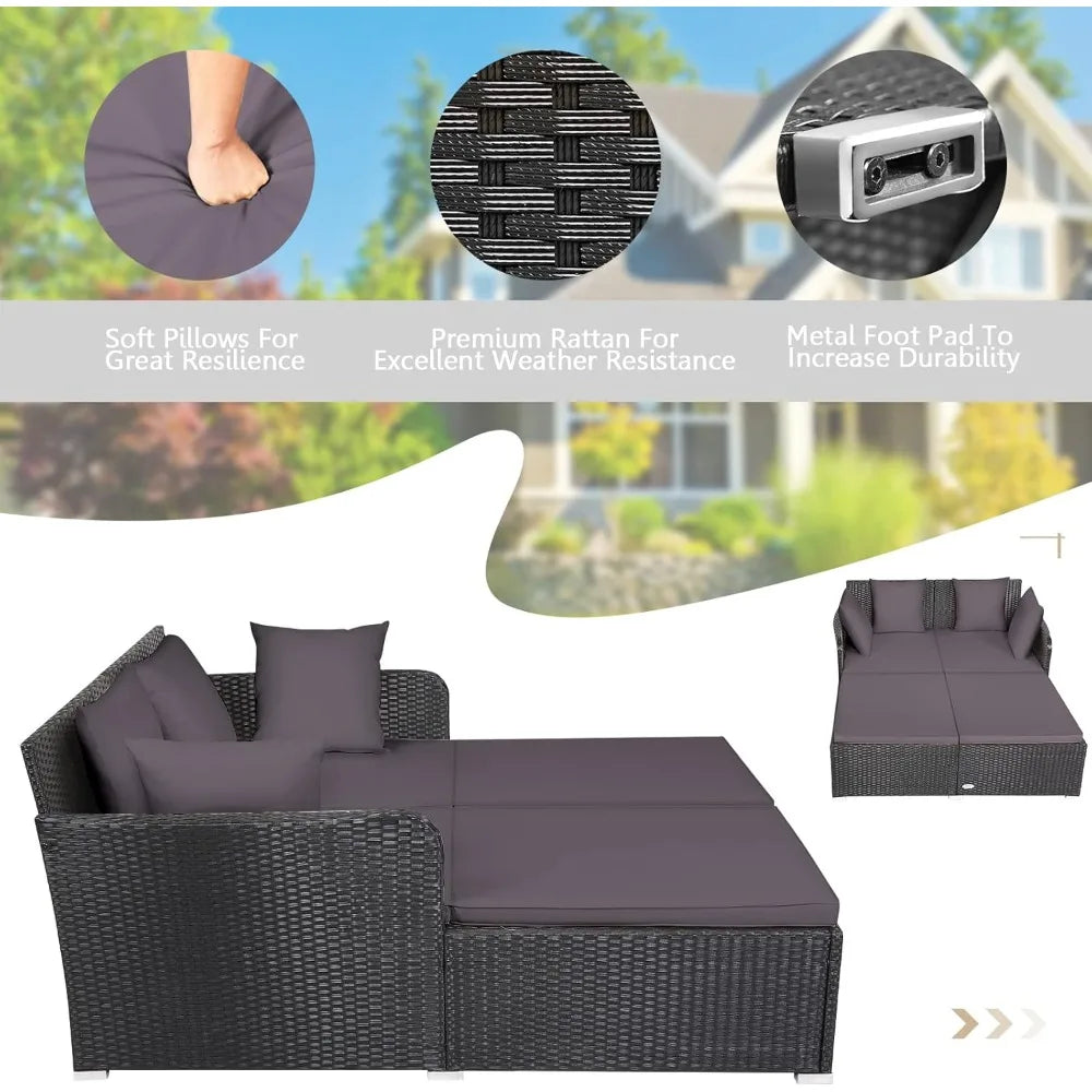 Outdoor Rattan Daybed, Patio Sofa Bed Sun Lounger Couch, Wicker Weave Loveseat Conversation Furniture Set, Deck Chair