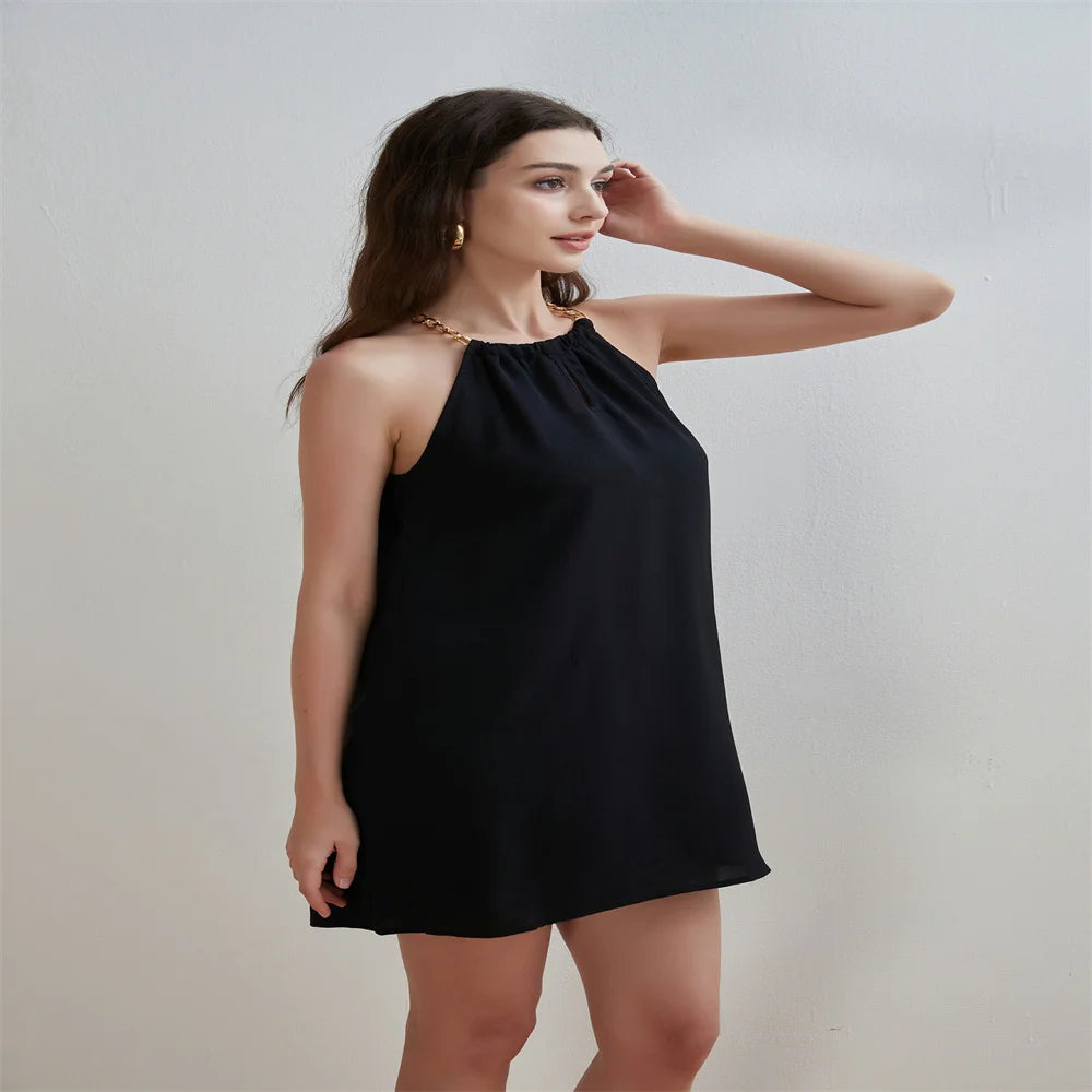 2025 Summer New Arrival Women's Fashion Neck Sleeveless Solid Color Casual Sequins Slimming Dress Elegant Evening Party Dress