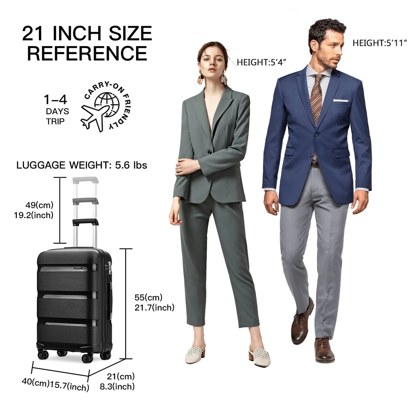 Kono 20" Hardshell Carry-On - Polypropylene Lightweight Luggage with TSA Lock & Smooth Spinner Wheels