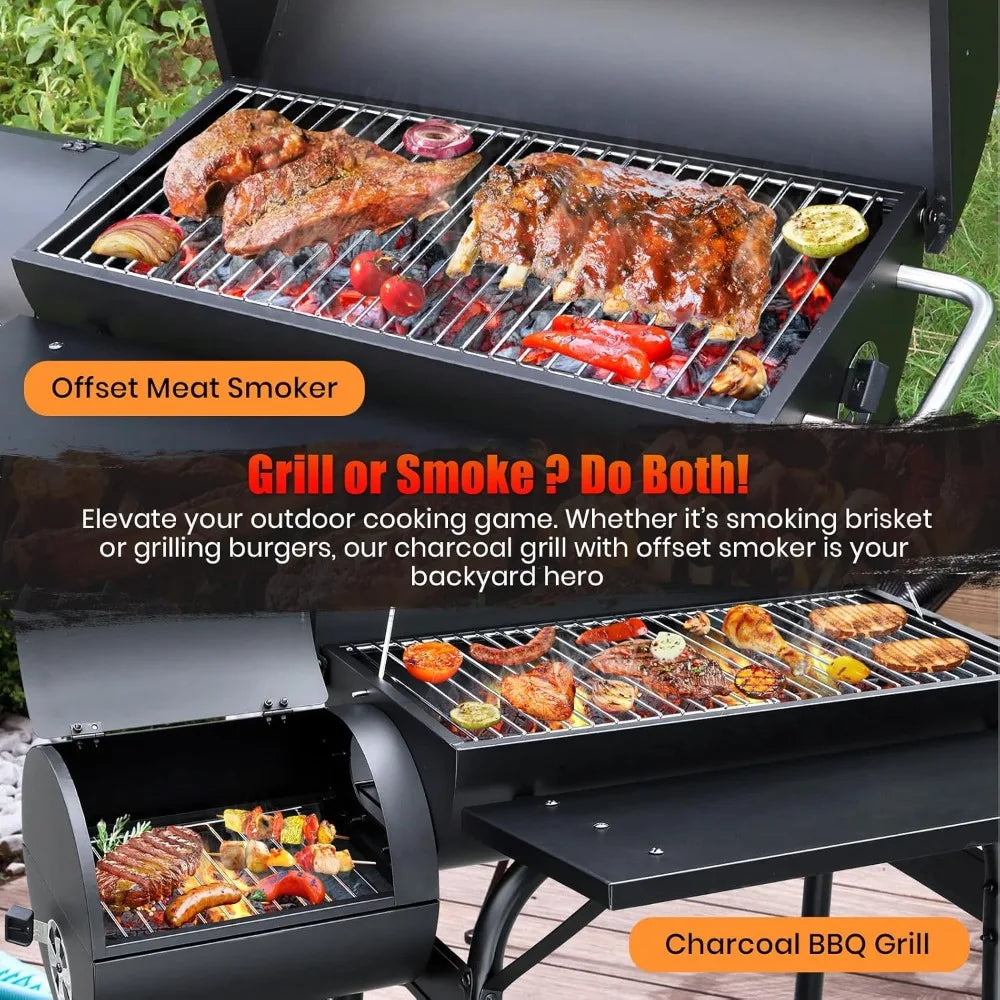 Charcoal BBQ Grill With Offset Smoker: Large Oil Drum Barbecue Barrel Grill For Outdoor Garden
