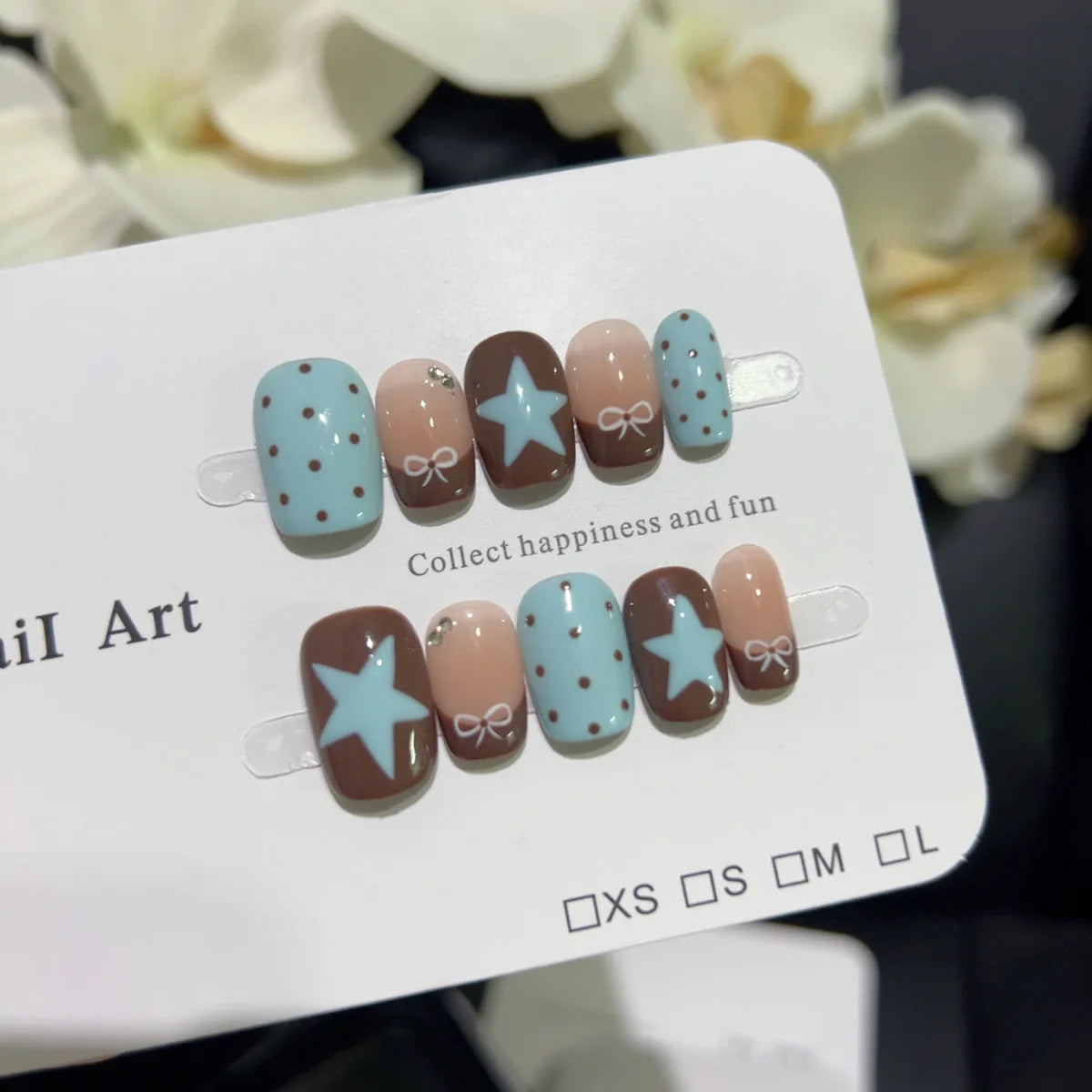 10pcs Handmade French Short Press On Nails Blue Brown Polka Dot Bow Star Design Fake Nail Wearable Nail Art Tips for Girls