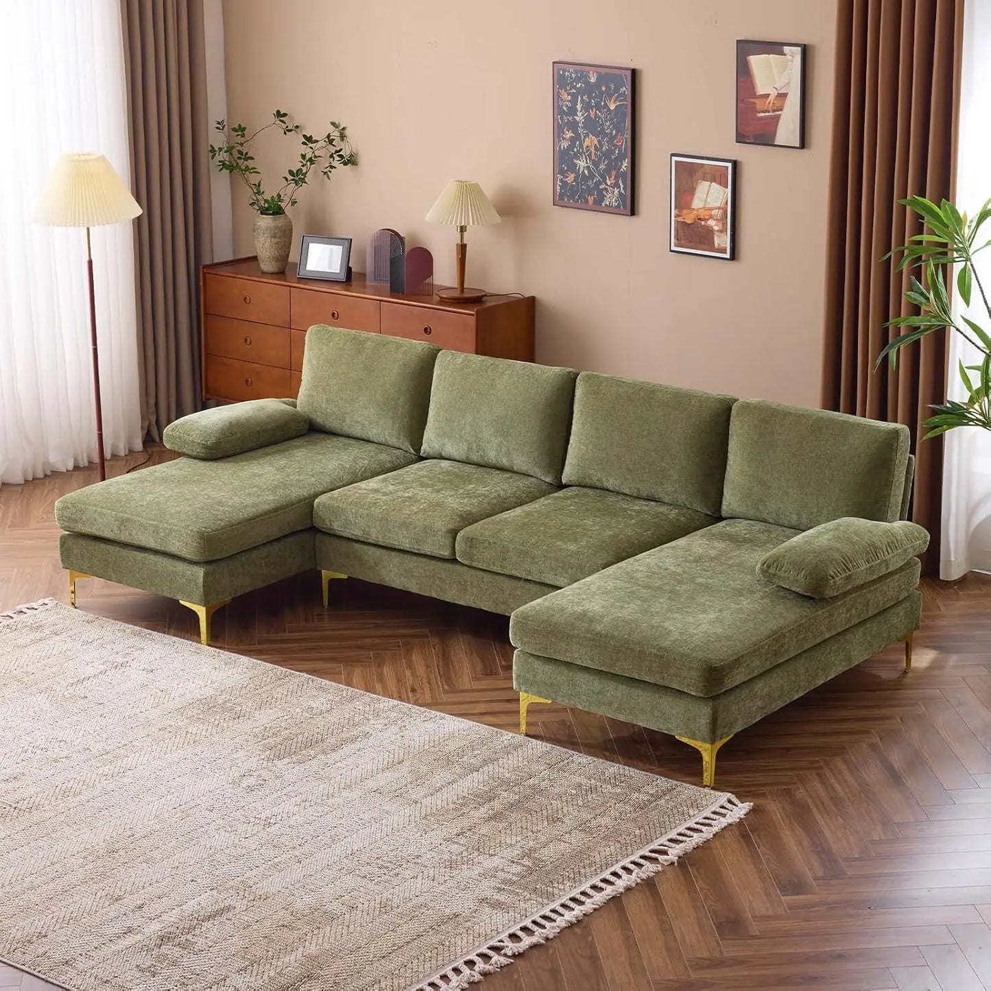 110" Sectional Couches for Living Room,U Shape Couch with Double Chaise, 4-Seat Sofa Set with Chenille Fabric for Home Furniture