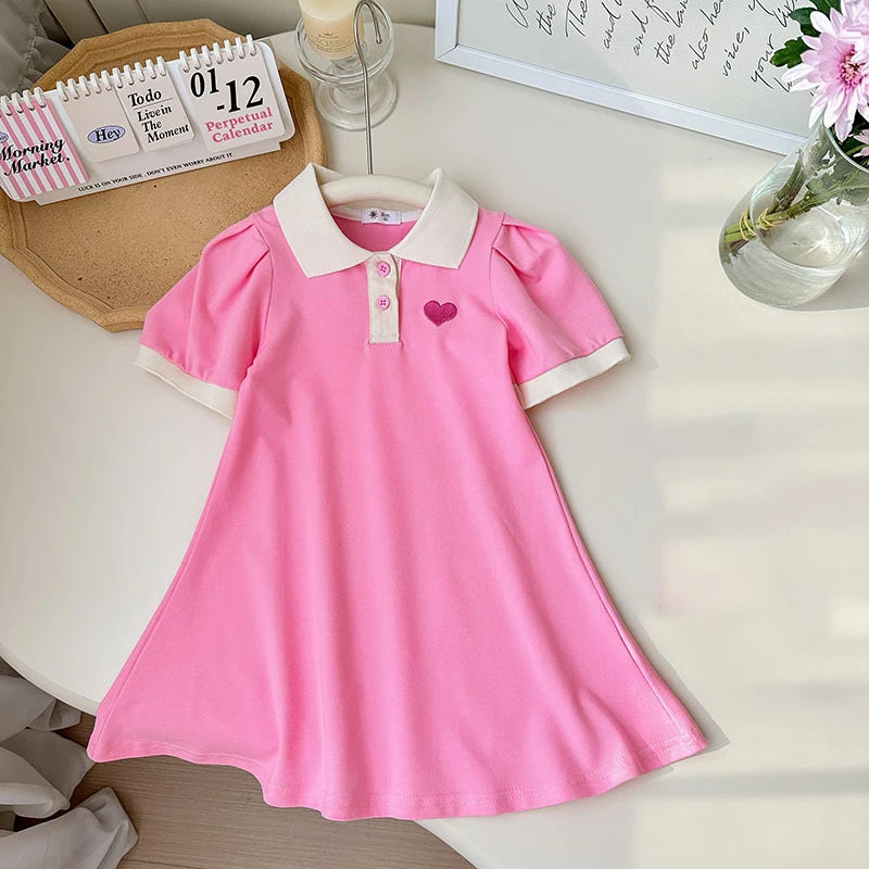 2025 Summer Stylish Girls' Polo Shirt Dresses 1-7Y Trendy Embroidered Heart Lapel Dress for Kid's Children's Clothing Outfit