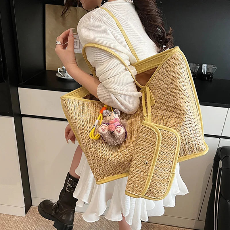 Color Contrast Straw Woven Shoulder Bag with Matching Wallet,Women Beach Travel Vacation Tote Bag,Large Capacity Shopping Basket