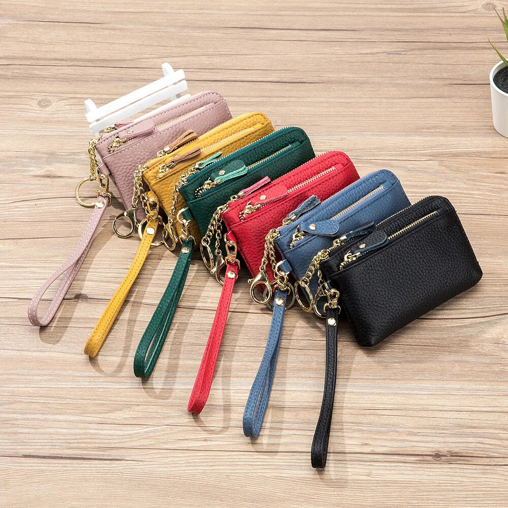 Mini Genuine Leather Women's Lychee Pattern Wallet Zipper Around Card Coin Purse with Detachable Wrist Strap Handbag
